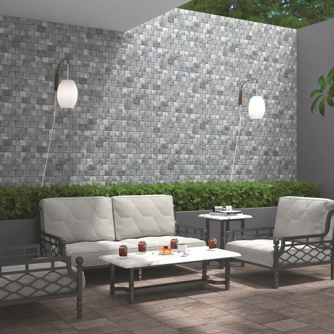 Exotica Lumina Gris Interlock, stone-pattern wall tile for exterior walls